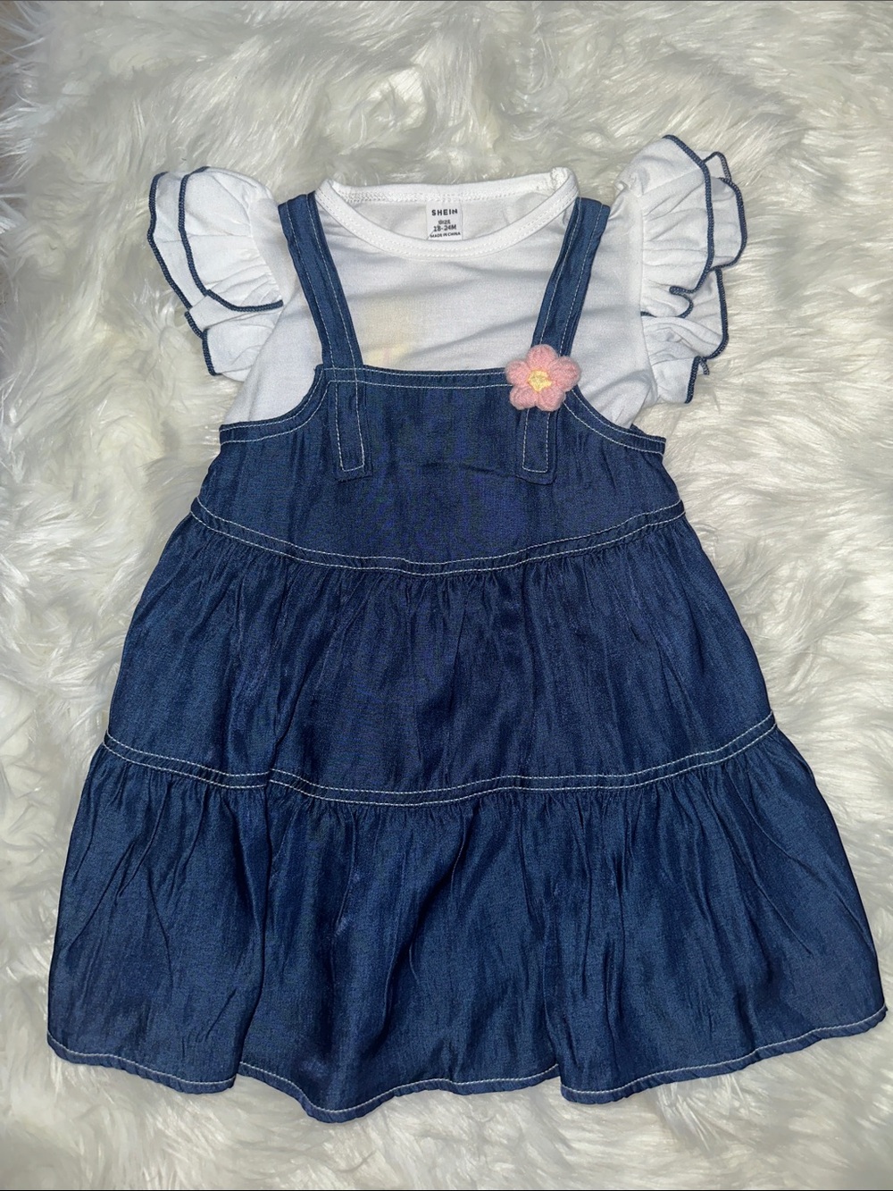 SHEIN Navy Blue Denim-Style Overall Dress with White Ruffle Tee